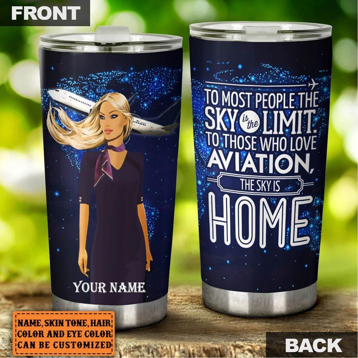 Personalized The Sky Is Home Flight Attendant Tumbler.