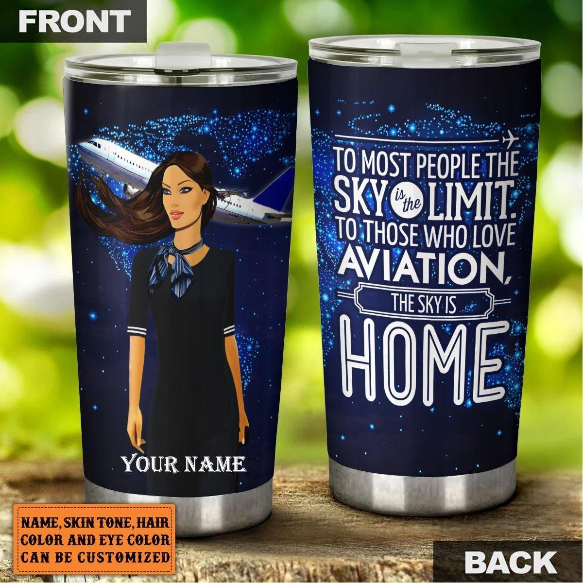 Personalized The Sky Is Home Flight Attendant Tumbler.