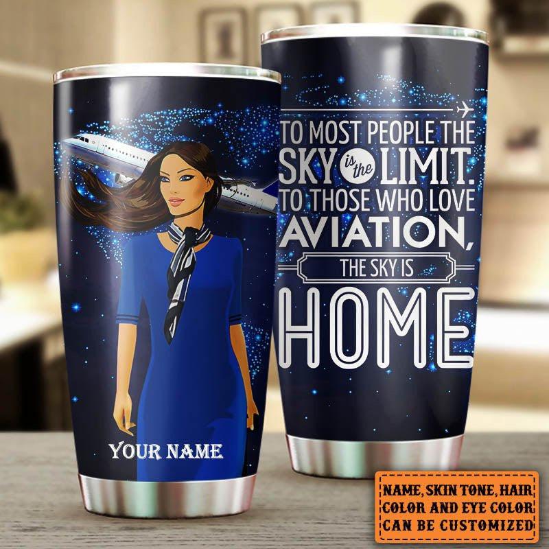 Personalized The Sky Is Home Flight Attendant Tumbler.