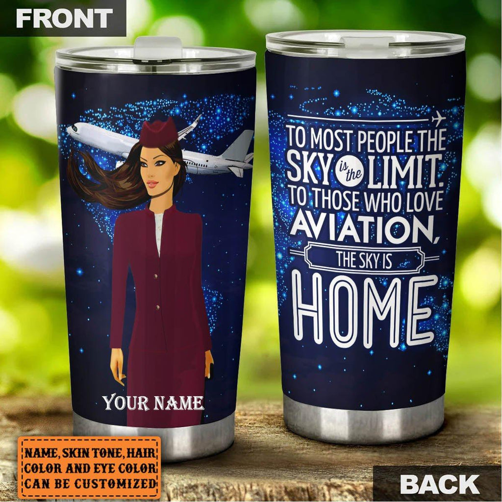 Personalized The Sky Is Home Flight Attendant Tumbler.