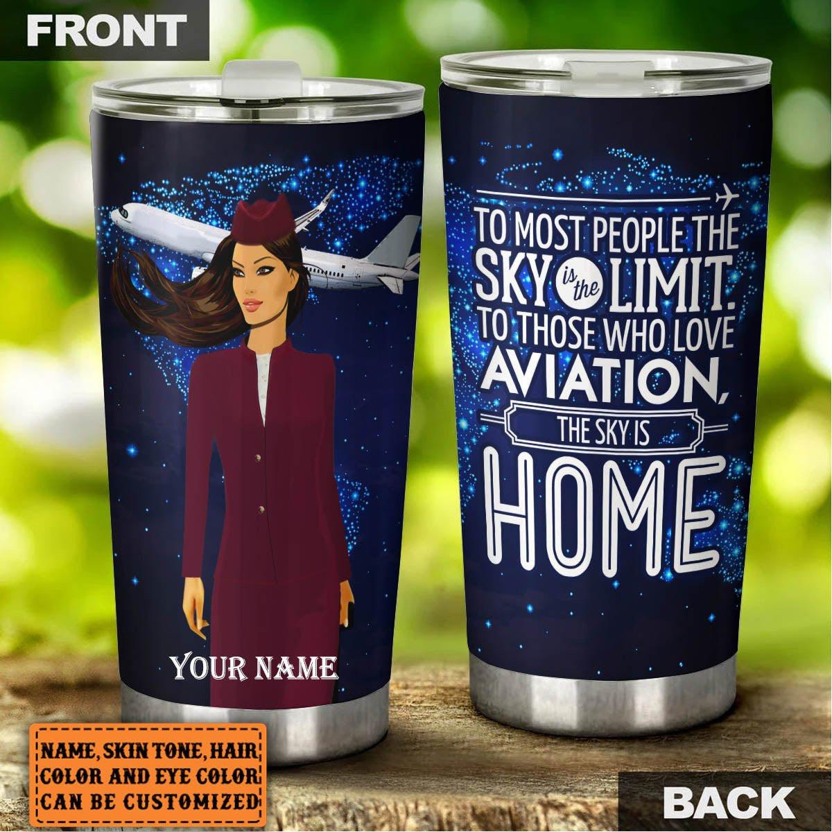 Personalized The Sky Is Home Flight Attendant Tumbler.