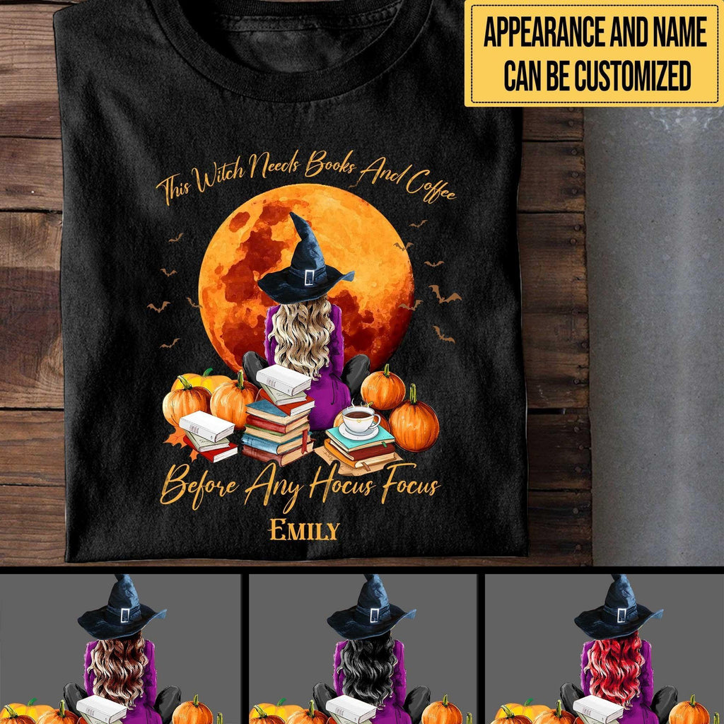 Personalized This Witch Needs Books And Coffee Before Any Hocus Focus Halloween Shirt.