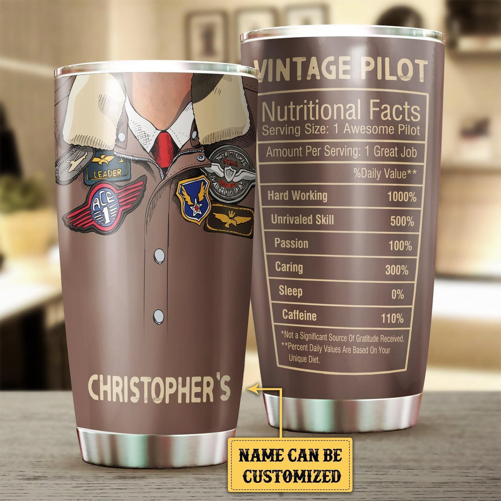 Personalized Vintage Pilot Nutritional Facts Tumbler.