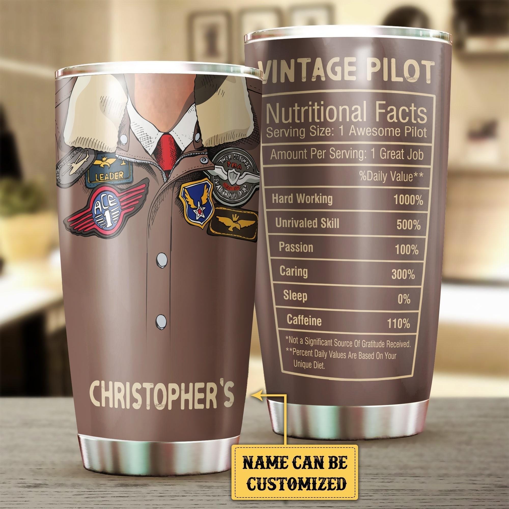 Personalized Vintage Pilot Nutritional Facts Tumbler.