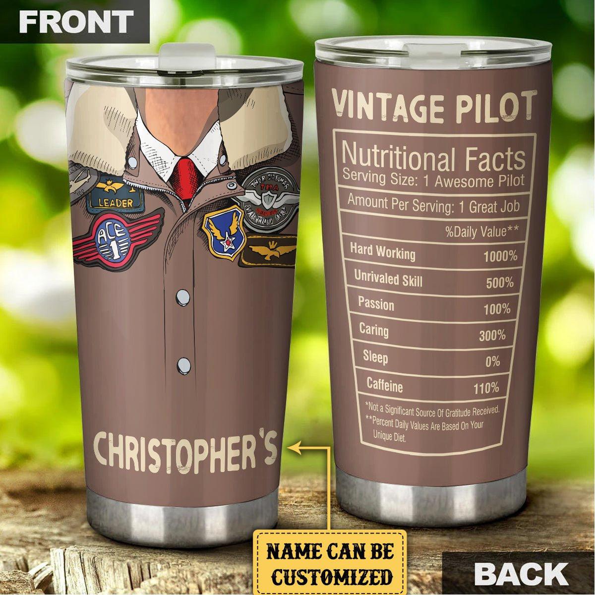 Personalized Vintage Pilot Nutritional Facts Tumbler.
