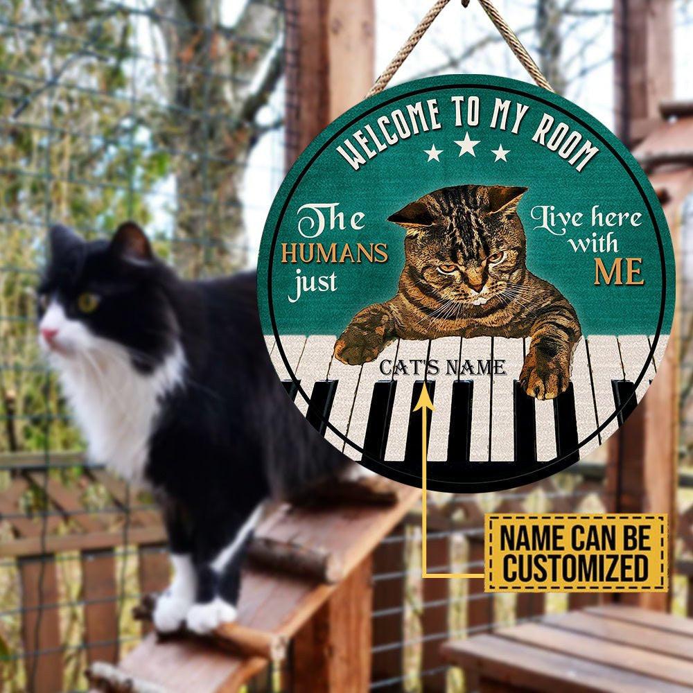 Personalized Welcome To My Room Cat Piano Wood Round Sign.